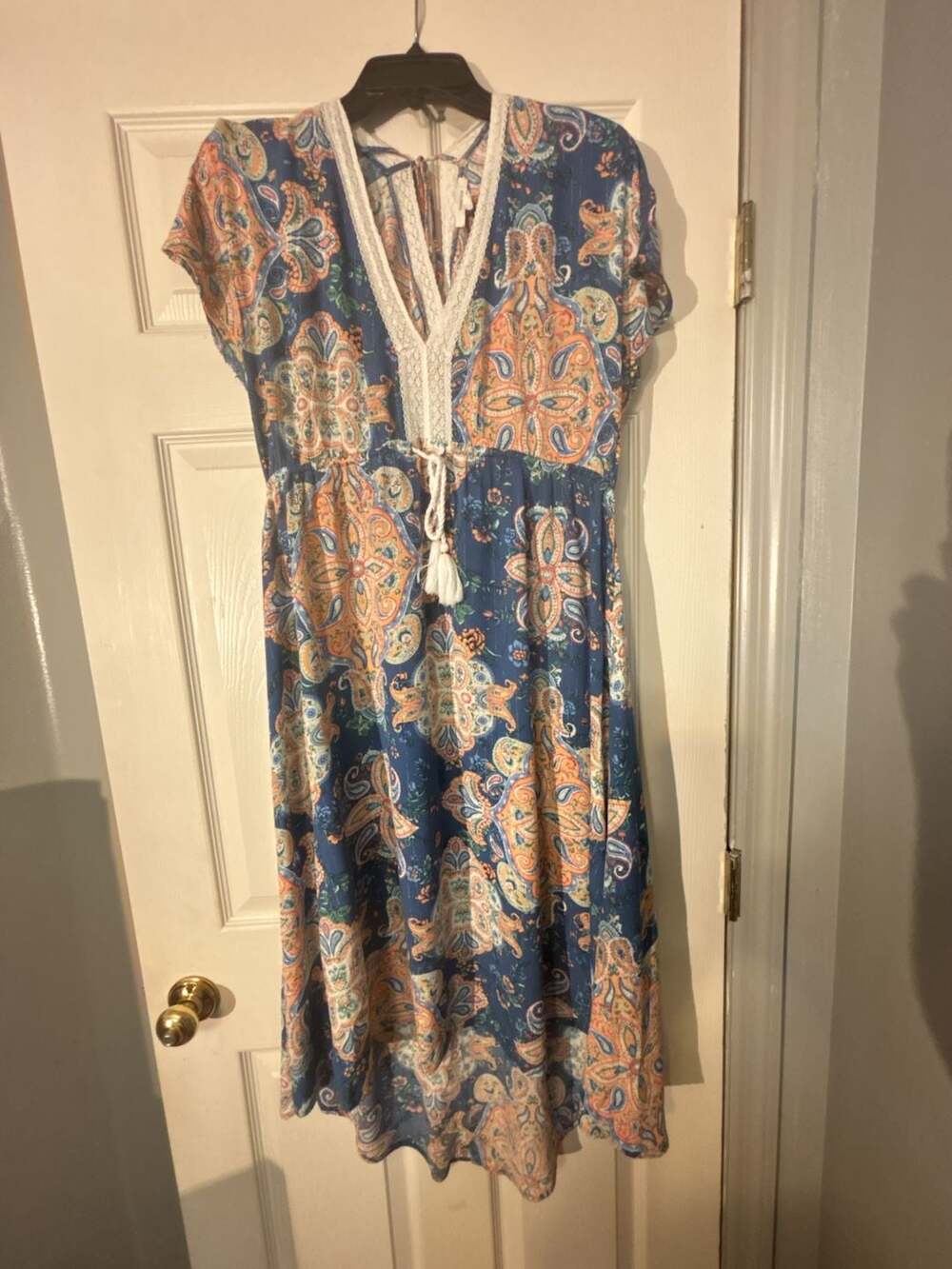 Springfield Paisley Print Boho Midi Dress with Lace Trim and Tassel Drawstring
